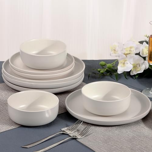 Ceramic Plates and Bowls Sets, White Dinnerware Set for Kitchen, Modern Design Dinner Plates, Stoneware Dishware Sets, Microwave and Dishwasher Safe