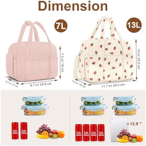 KUBYA Corduroy Lunch Box Lunch Bag for Women Men, Cute Strawberry Small Insulated Reusable Work Leakproof Simple Lunch Boxes Tote Bag Adults Cooler Bag