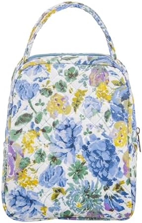 Machine Washable Women Quilted Fabric Insulated Reusable Cooler Lunch Bag Tote Adult Thermal Lunch Box Storage Bag for Work (Floral #2)