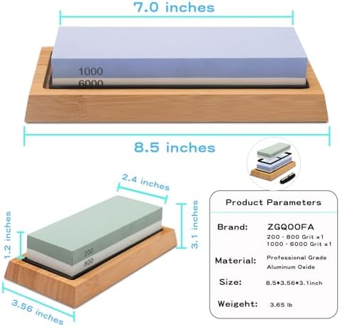 Whetstone Knife Sharpening Stone Kit: Double Straight Chef Sharpener Set - 200/800 1000/6000 Coarse Fine Grit kitchen Professional 2 Sided Honing Wet Stones Slip-Resistant Bamboo Base and Angle Guide