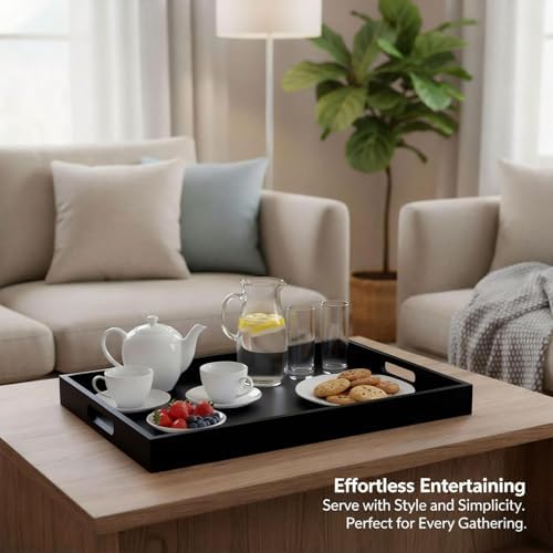 Krismax Wooden Serving Tray with Handles, Serving Platter 15.7x11.4 Inch Food Drinks Tray for Coffee Table,Decorative Storage Tray for Entertaining, Breakfast Tray in Bed,Lunch,Dinner,BBQ(Black)