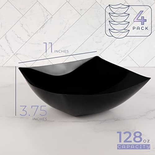 PLASTICPRO Disposable Square Serving Bowls, Party Snack or Salad Bowl, Plastic Black Pack of 4 128 OUNCE, Black