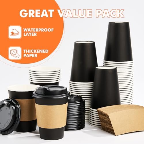 METAPRINT 100 Pack 12 oz Disposable Coffee Cups with Lids and Sleeves,Black