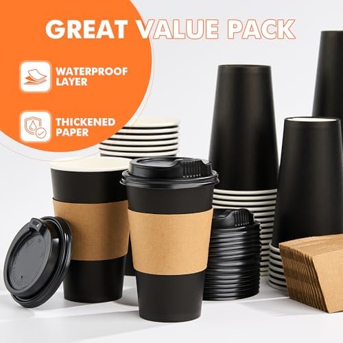 METAPRINT 100 Pack 16 oz Disposable Coffee Cups with Lids and Sleeves