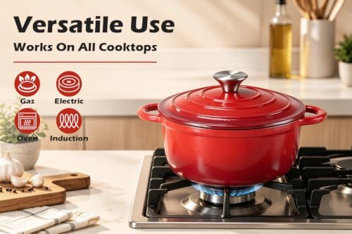 Leonyo 3-Quart Small Enameled Cast Iron Dutch Oven Pot with Lid, Red