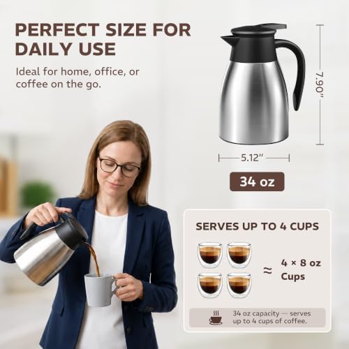 Thermal Coffee Carafe for Keeping Hot – 34OZ Insulated Small Coffee Pot