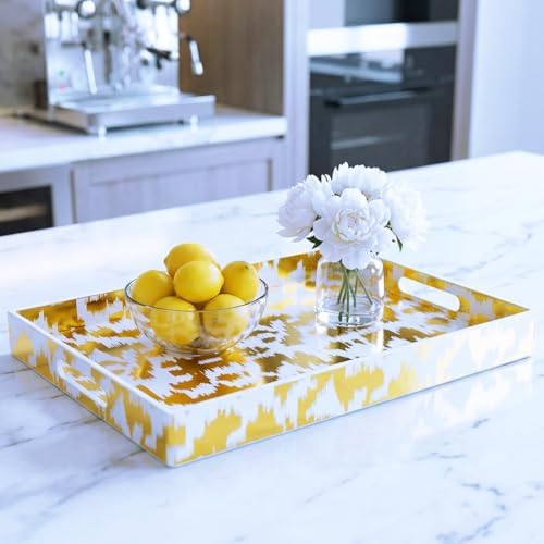 White & Gold Glitter Abstract Serving Tray with Handles, 15.8”x11.7”x1.6” Rectangular Decor Tray – Multipurpose for Breakfast in Bed, Bathroom Vanity, Living Room & Entertaining