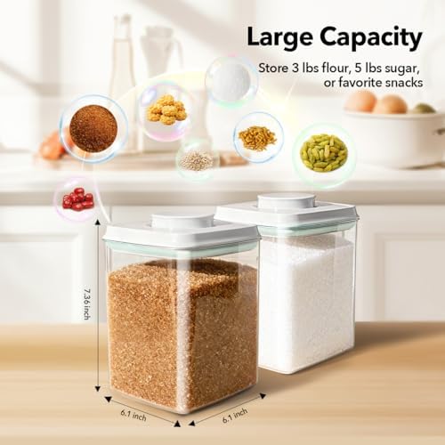 Food Storage Container Set 2.8 Qt ×2 with Lids, Airtight Pantry Canisters, BPA-Free Plastic Flour Sugar Storage Containers, One-Touch Press-to-Open Lids, Stackable Clear Jars for Rice, Cereal, Coffee