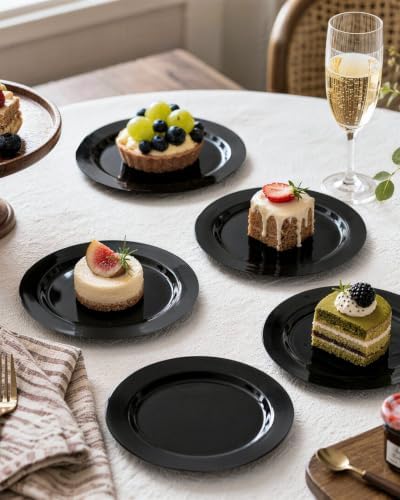 bUCLA 100 Pieces Black Plastic Plates - 6.25 inch Disposable Dessert/Salad/Appetizer/Small Cake Plates for Party, Graduation & New Year