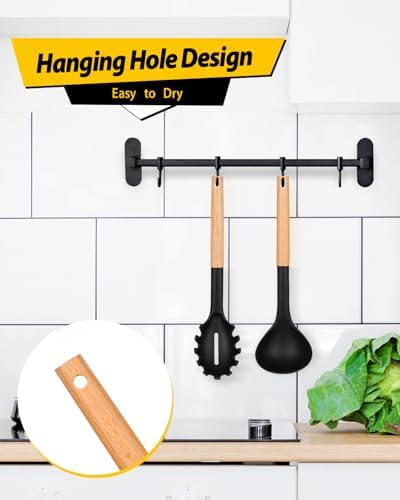 BUNDLEPRO Silicone Soup Ladle and Pasta Spoon Set with Wooden Handle