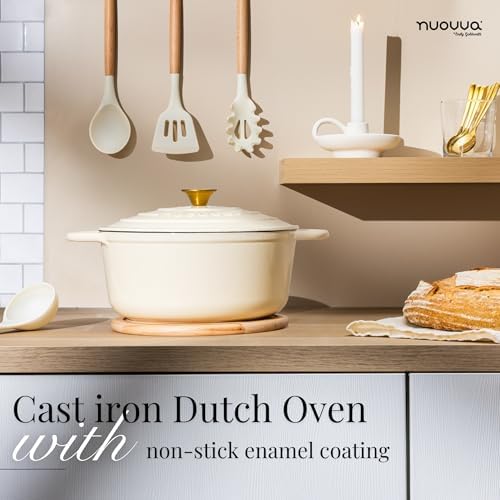 Nuovva Enamelled Cast Iron Dutch Oven Pot with Lid-6.4 Quart Non Stick Casserole Pot-Heavy Duty & Oven Safe up to 500° for Bread Baking, Braising, Stews, Roasting - 28cm Cream