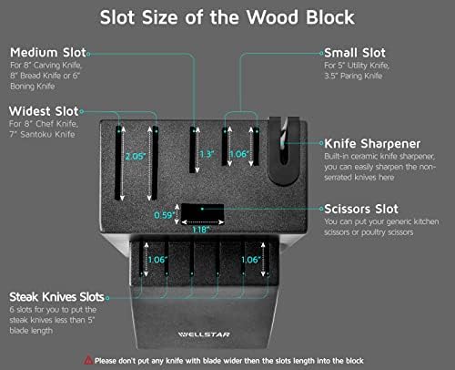 12 Slot Kitchen Knives Block, WELLSTAR Natural Wood Knife Holder without Knives – Hard Wood Countertop Knife Storage with Built-in Knife Sharpener - Black