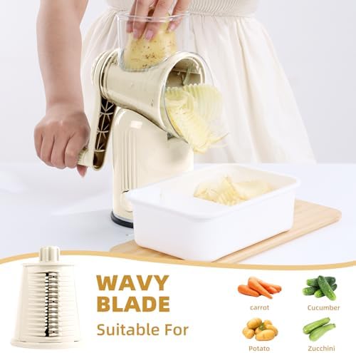 Rotary Cheese Grater with Handle, 5 Replaceable Blades(White)