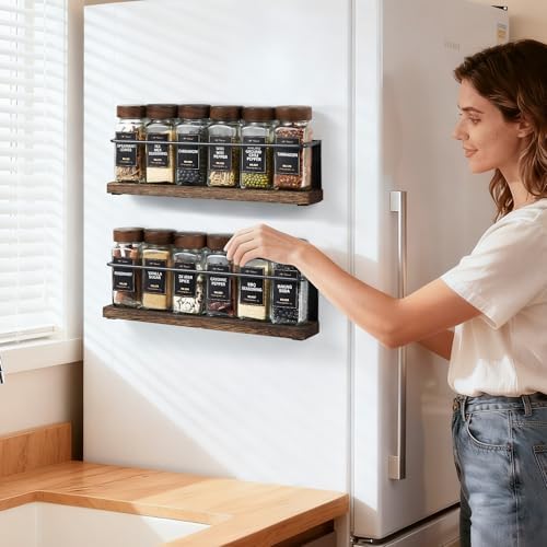Wooden Lid Magnetic Spice Rack with 12 Jars, 216 Labels, 1 Steel Funnel for Refrigerator,Microwave Oven - Full Set of Spice Organizer