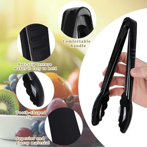 Mwellewm 12 Pc Serving Tongs 9 Inch Bulk Reusable or Disposable Plastic Tongs Heavy Duty Hard Plastic Serving Utensils Set Large Salad Tong for Kitchen Party Food Buffet Appetizer Catering(Black)