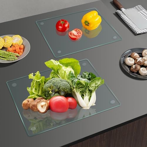 Mymonfif Tempered Glass Cutting Board for Kitchen, Clear Glass Board for Countertop, with Non-Slip Feet, Heat Resistant, Large Size 12x16" 2Pcs, Small Size 12x8" 2Pcs