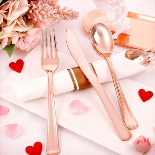 Liacere 100Pack Rose Gold Plastic Silverware - Pre Rolled Napkins with Rose Gold Cutlery - Wrapped Silverware Set Disposable100 Forks Knives Spoons Wrapped Utensils for Wedding & Party