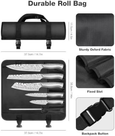 MOSFiATA Kitchen Knife Set 7 PCS with Foldable Roll Bag, Pro Stainless Steel 5Cr13MoV Ultra Sharp Santoku Knives with Honing Rod, Dishwasher Safe butcher Knife Set for Cooking Outdoor Travel