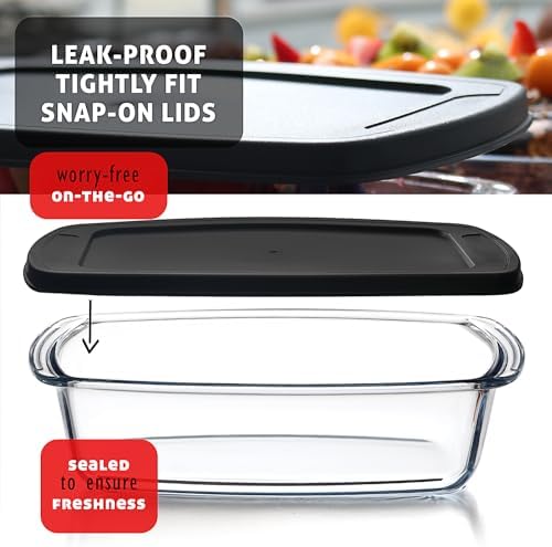 EATEX 7 Pack Glass Food Storage Containers with Lids, Baking Pans Set, Glass Baking Dishes for Oven | 3 Bread Pans for Bread Baking | 4 Casserole Dish Lasagna Pans, Oven Microwave Freezer Safe Black