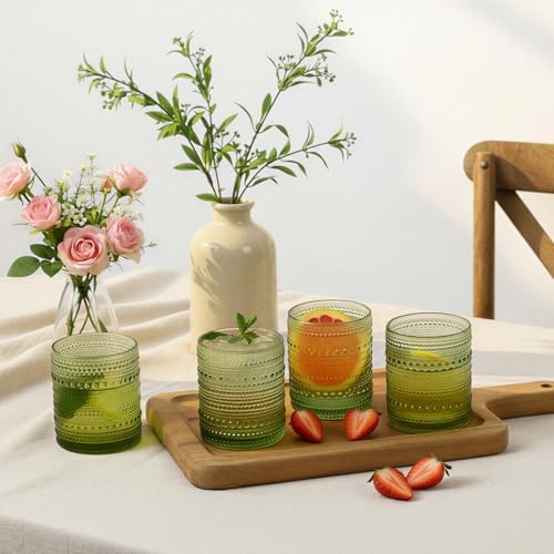 Moretoes 10oz Green Hobnail Drinking Glasses Set of 6 Cocktail Glasses