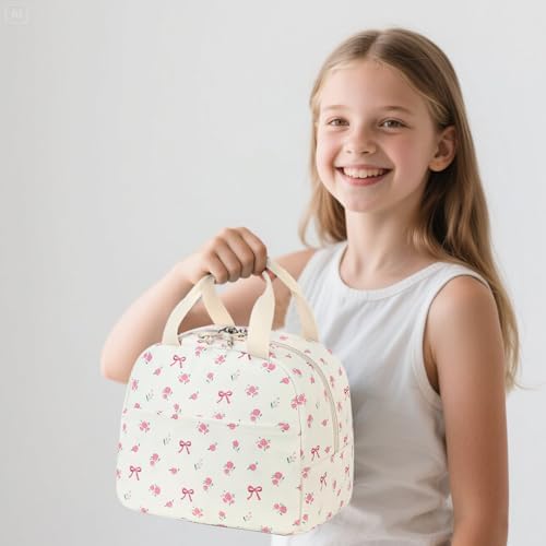 Bluboon Lunch Box for Women Cute Lunch Bag Reusable Insulated Lunch Bags Large Capacity Lunchbox Cooler for Work Picnic or Travel Gifts (Bow Floral Beige 212, 10 x 7.5 x 8 inches)
