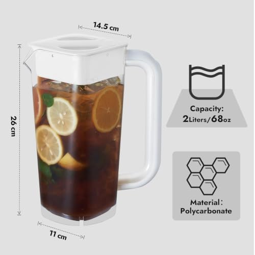 CURTA 2 Pack 2 Liters/68 oz Plastic Pitcher with Lid & Handle for Kitchen,ICED JUICE and Coffee Carafe Beverage Serveware, Acrylic Water Jug for Hot/Cold Drinks&lemonade