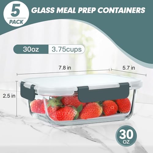 KOMUEE 30 oz 5 Pack Glass Meal Prep Containers with Lids, Gray