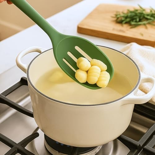 Beille 1pc Slotted Cooking Spoon Beech Wood and Silicone Kitchen Utensils Meal Prep Baking Supplies Home Essentials, Olive Green