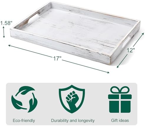 17 Inch Rustic White Serving Tray with Handles - Large Wooden Tray for Ottoman, Breakfast in Bed, Dinner, Coffee Table - Decorative Rectangular Tray for Living Room Bedroom Entryway and Kitchen Decor