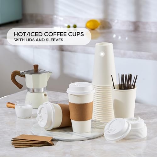 JOLLY PARTY 50 Pack 16 oz Disposable Paper Coffee Cups with Lids & Sleeves