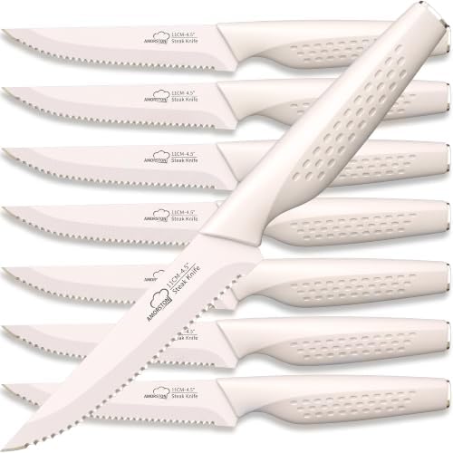Amorston Steak Knives Set of 8 Stainless Steel Serrated Knives Cream White