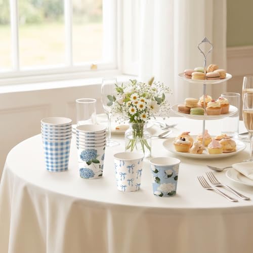 RUSPEPA 3oz Floral Paper Cups, 100 Pack Blue White Plaid, Bow and Hydrangea Design Disposable Small Party Cups for Bathroom, Mouthwash, Espresso, Wedding, Bridal Shower, Garden Tea Party Supplies