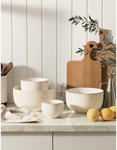 Mikiegy Ceramic Mixing Bowls Set of 4, Nesting Ceramic Embossment Stoneware Mixing Bowls for Cooking, Serving, Popcorn, Salad etc, Microwave & Dishwasher Safe, 20/44/98/145 oz, Off-White