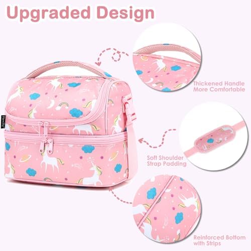 FlowFly Kids Double Decker Cooler Insulated Lunch Bag Large Tote for Boys, Girls, Men, Women, With Adjustable Strap, Unicorn