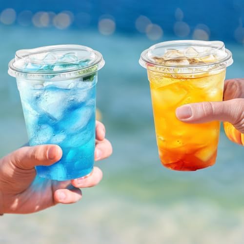BYSNOW 16 oz 500 Pack Clear Plastic Cups with Sip Lids, Iced Coffee Cups