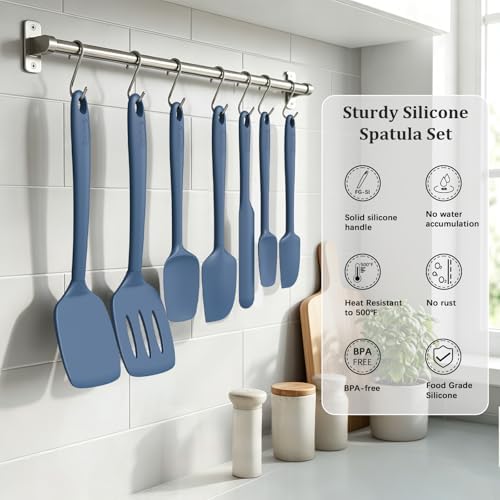 Coukre Silicone Spatula Set of 7, BPA Free Food Grade Silicone Cooking Utensils, Heat Resistant Kitchen Tools for Nonstick Cookware, Dishwasher Safe Spatulas for Cooking and Baking(7,PureDarkBlue)