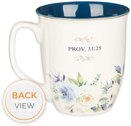 Christian Art Gifts Large Ceramic Inspirational Scripture Coffee & Tea Mug for Women: Strength & Dignity Encouraging Golden Bible Verse, Non-toxic Lead/Cadmium-free Cup, White & Blue Floral, 14 oz.