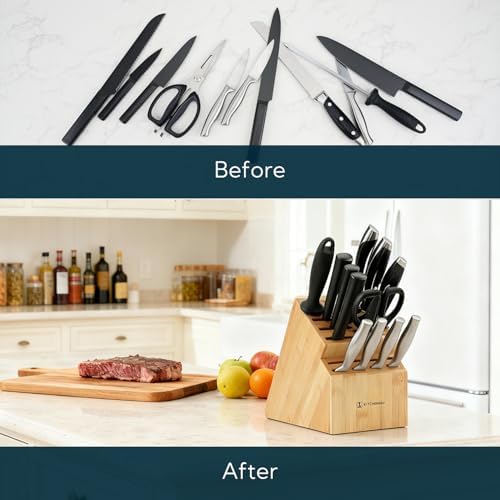 KITCHENDAO 20 Slot Bamboo Knife Block without Knives, Universal Knife Holder for Kitchen, Holding Multiple Types of Knives, Countertop Butcher Block Knife Stand for Easy Kitchen Storage