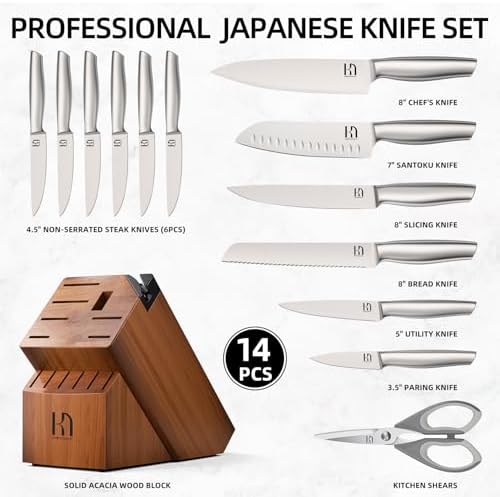 KnifeSaga 14 Pcs Knife Block Set, Premium, Razor Sharp, Japanese Steel