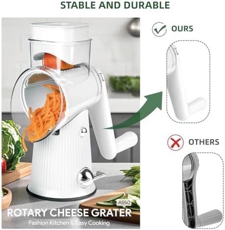 Rotary Cheese Grater with Handle - Vegetable Shredder with 5 Blades & Strong Suction Base, Round Slicer & Food Chopper for Kitchen (White)