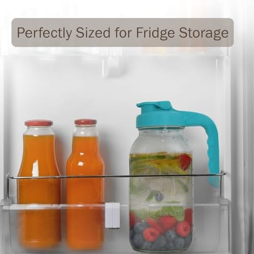 Mason Jar Pitcher - Airtight & Leakproof Glass Pitcher with Lid, Perfect for Breastmilk, Cold Brew Coffee, Sun Tea, Water & Drinks, 2 Quart (64 oz) Wide Mouth Mason Jar with Pour Spout Lid - Teal