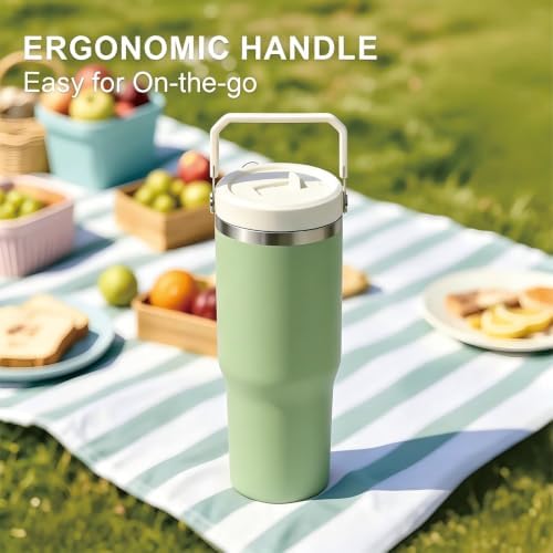 30oz Insulated Tumbler with Handle and Straw Cup,Greenwhite