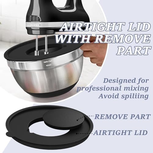Umite Chef Mixing Bowls with Airtight Lids Set, 8PCS Stainless Steel Nesting Bowls Set, 3 Grater Attachments & Non-Slip Bottoms, Size 5, 4, 3.5, 2, 1.5QT for Baking & Mixing(Black)
