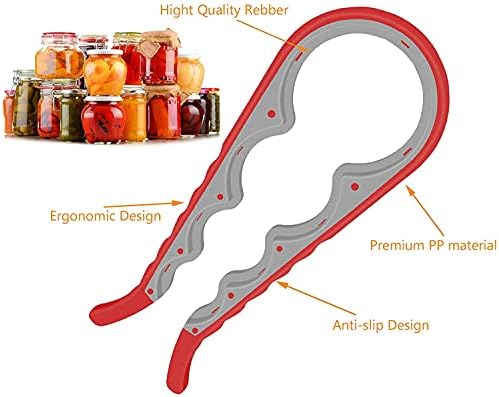 Jar Opener, 5 in 1 Multi Function Can Opener Bottle Opener Kit with Silicone Handle Easy to Use for Children, Elderly and Arthritis Sufferers (Apple Red)