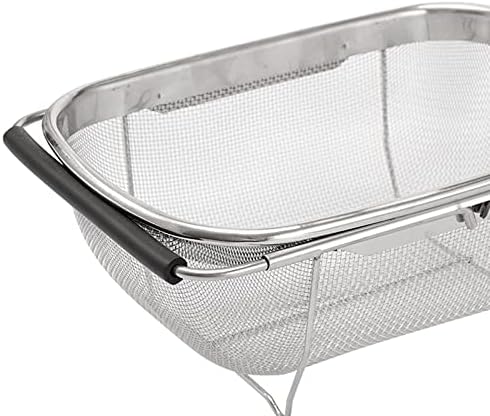 AJIODA Over The Sink Colander, 4 Quarts Stainless Steel Oval Colander with Expandable Rubber Grip Handle, Fine Mesh Strainer Baskets Kitchen Colanders for Strain, Drain, Rinse Vegetable, Fruits, Black