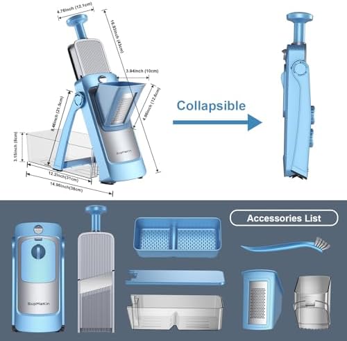 SupMaKin Upgrade Safe Mandoline Slicer,Multi Vegetable Chopper,Potato Slicer, Onion Chopper with Drain Basket Storage Container, Cheese Grater Kitchen Chopping Artifact (BlueGray)