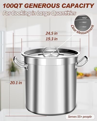 100 Quart Stainless Steel Stock Pot with Lid – Giant Heavy Duty Cooking Pot for Soup, Stew, Crawfish – Commercial Grade, Induction Compatible – Ideal for Catering & Bulk Cooking