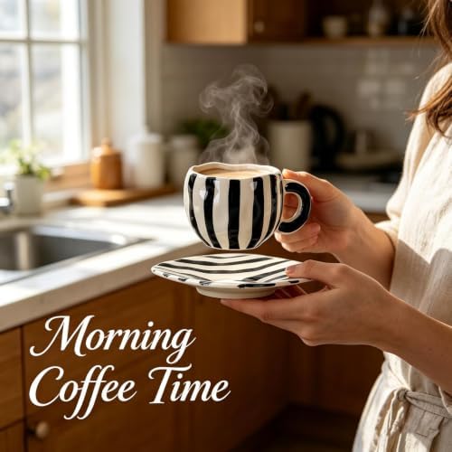 Espresso Cups Ceramic Coffee Mug Series European Striped Dot Coffee Cup And Saucer Mug Cake Plate Afternoon Tea Set Tea Cup And Saucer (Black 4)