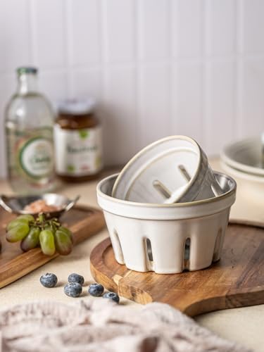 Gomakren Ceramic Berry Bowl Set of 2, Small Fruit Basket Colanders, White