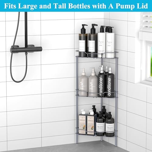 HuggieGems Metal Floor Standing Corner Shower Caddy, Dark Gray, 3 Tier